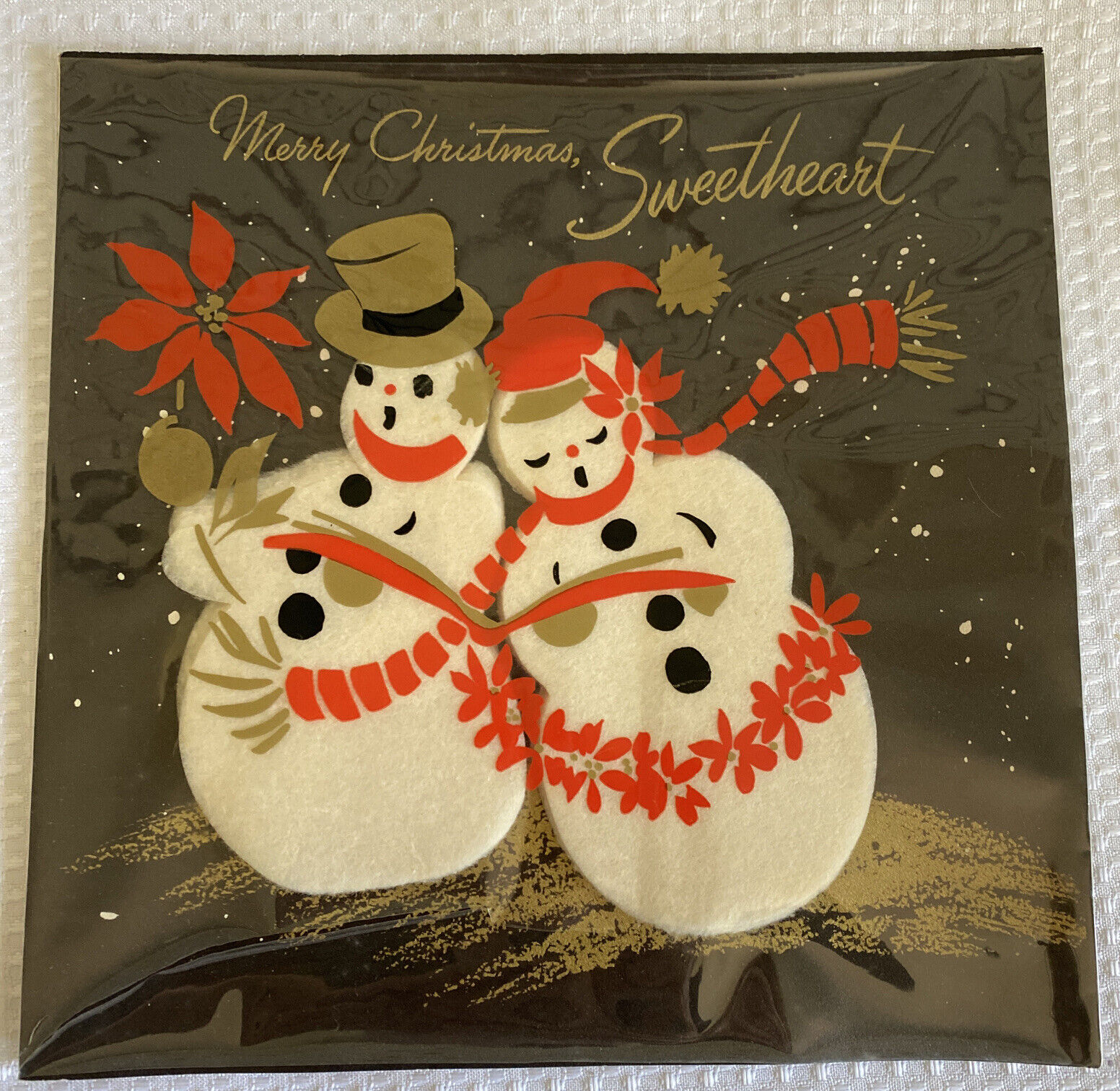 Vtge Antique Merry Christmas Sweetheart card Hallmark 1948 Felt Snowmen Signed