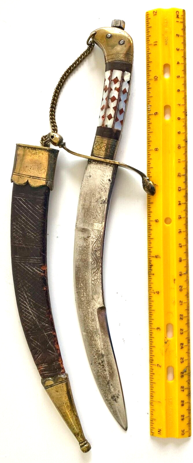 ANTIQUE 19th C.,  MIDDLE EASTERN, ISLAMIC CURVED DAGGER KNIFE & LEATHER SHEATH