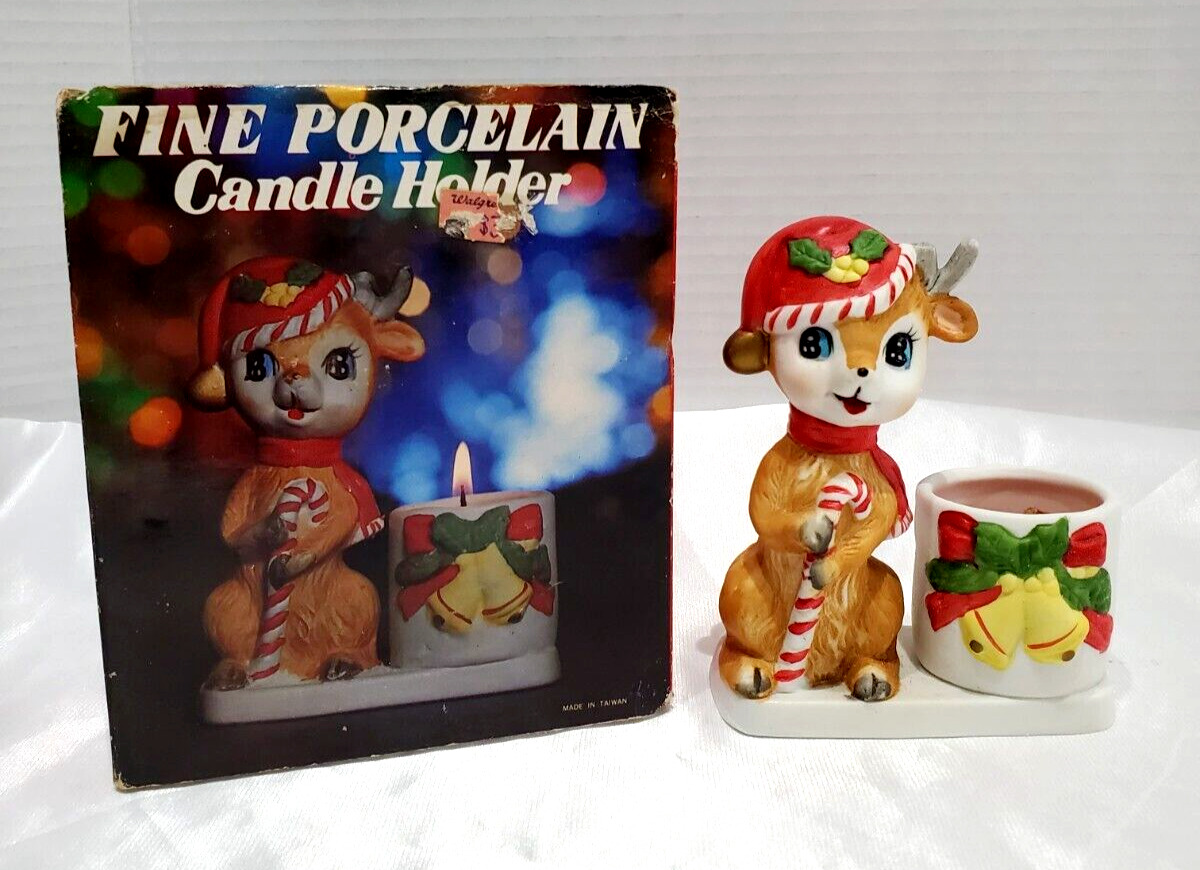 Vintage Porcelain Christmas Deer with Santa Hat Christmas Candle Holder With Box