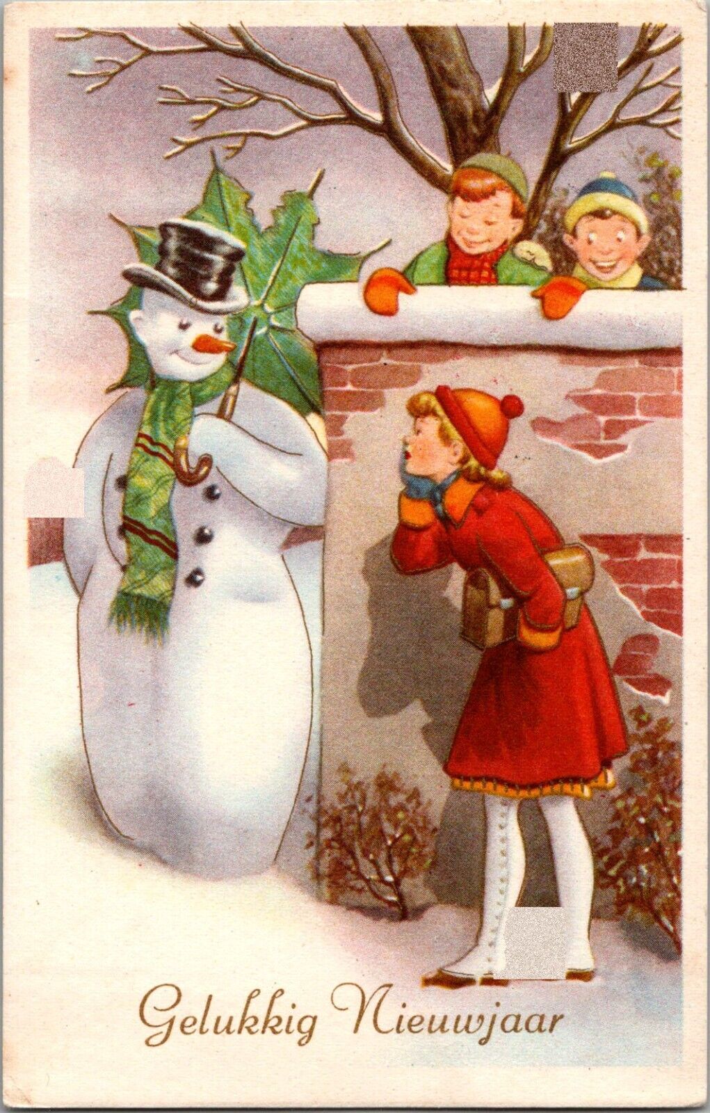 1921 GERMAN New Year Postcard Snowman Carries Leaf Umbrella Children Watch