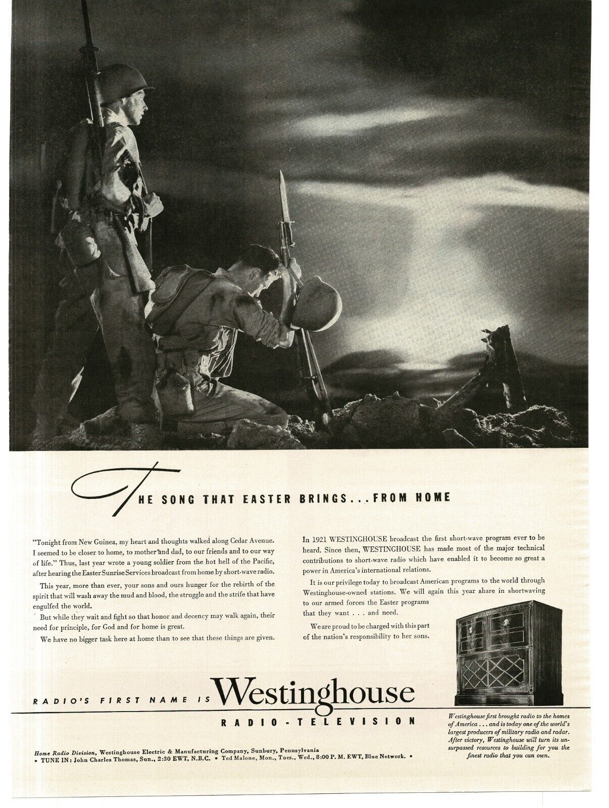 1945 Westinghouse Radio Floor Console WWII Soldiers Easter Sunrise Print Ad