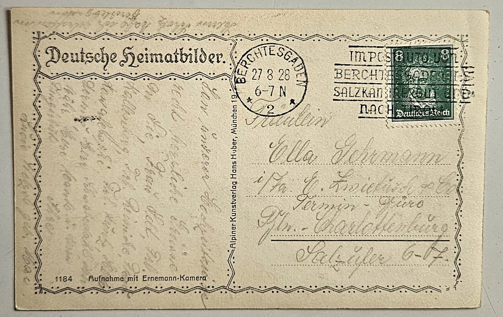 Germany, Historic BERCHTESGADEN Post Card 27-8-1928, Beautiful Penmanship, \