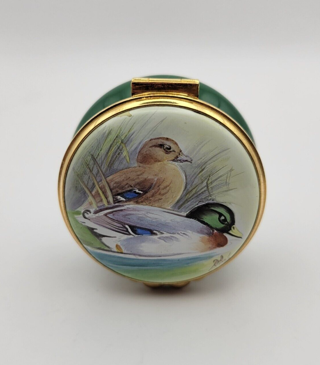 Vintage Kingsley Enamels Mallard Ducks Green Hinged Trinket Jewelry Box