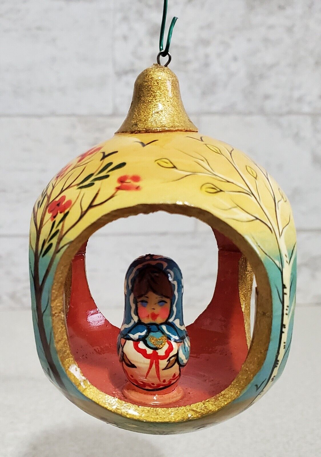 Vintage Hand Carved & Hand Painted Russian  Matryoshka  Doll Open Ornament
