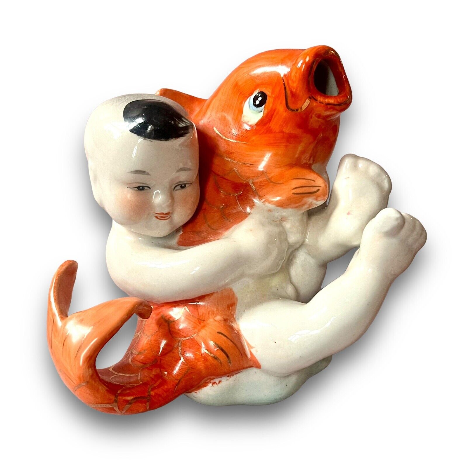 Vintage Chinese Boy Holding Koi Fish Porcelian Figurine