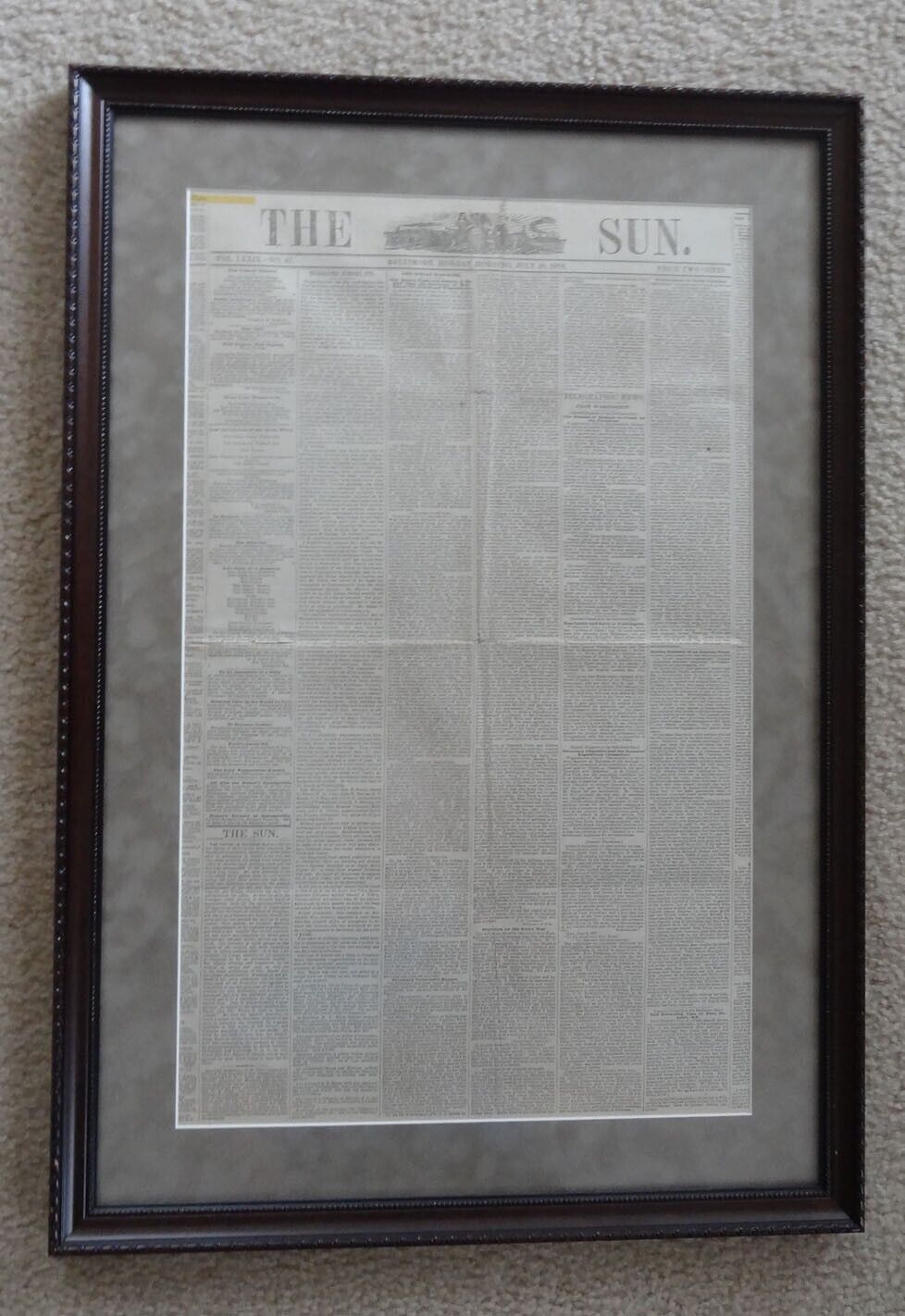 Front Page, The Sun ( Newspaper ), Baltimore, July 10, 1876 Framed