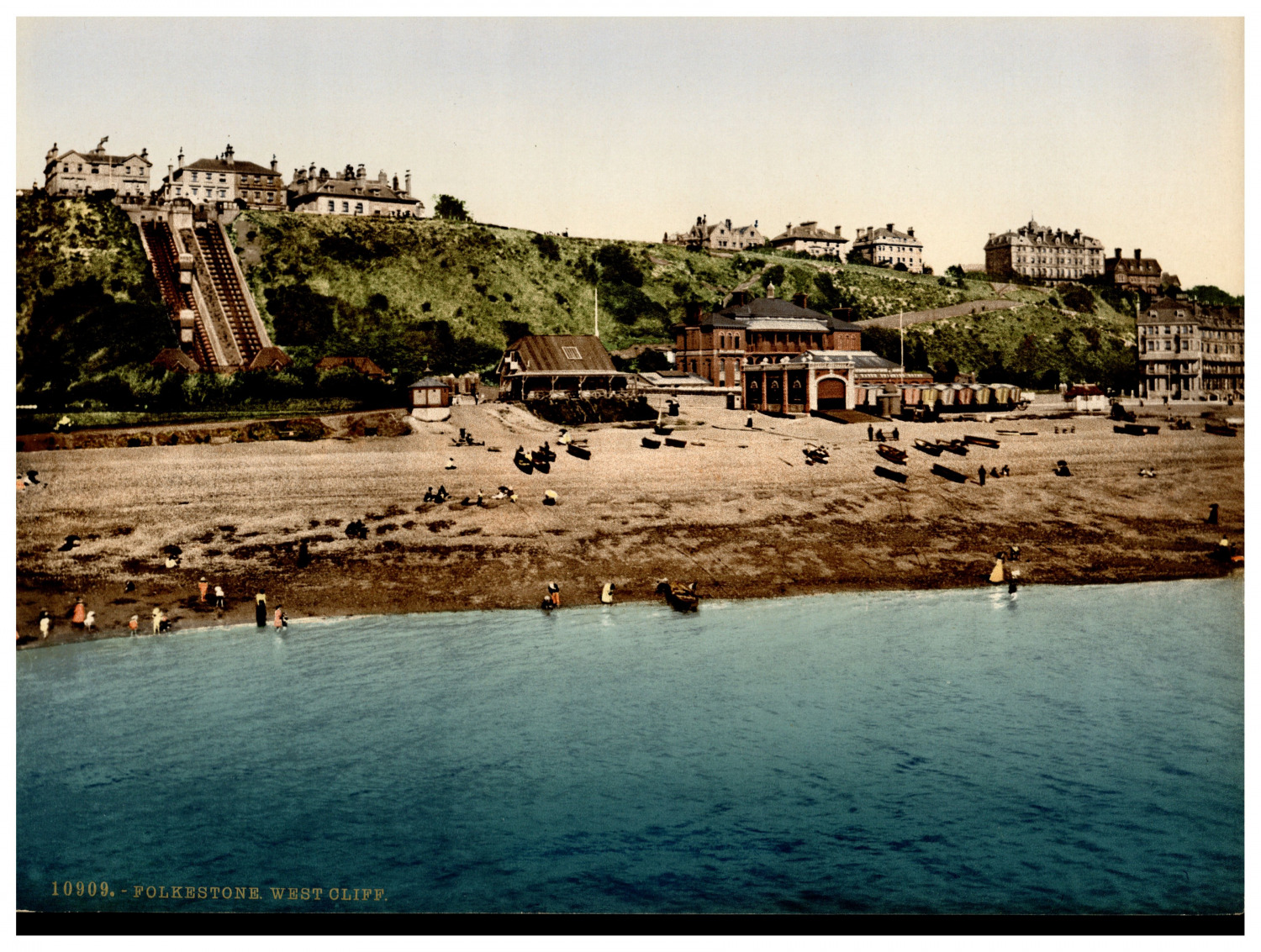 England. Folkestone West Cliff. Vintage photochrome by P.Z, photochrome Zurich
