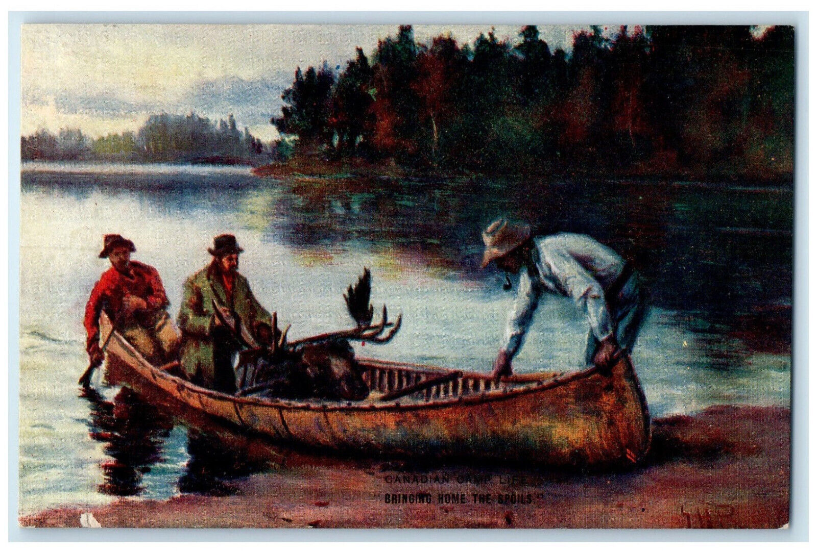 c1905 Hunting Elk Boating Bringing Home Spoils Canadian Camp Life Postcard