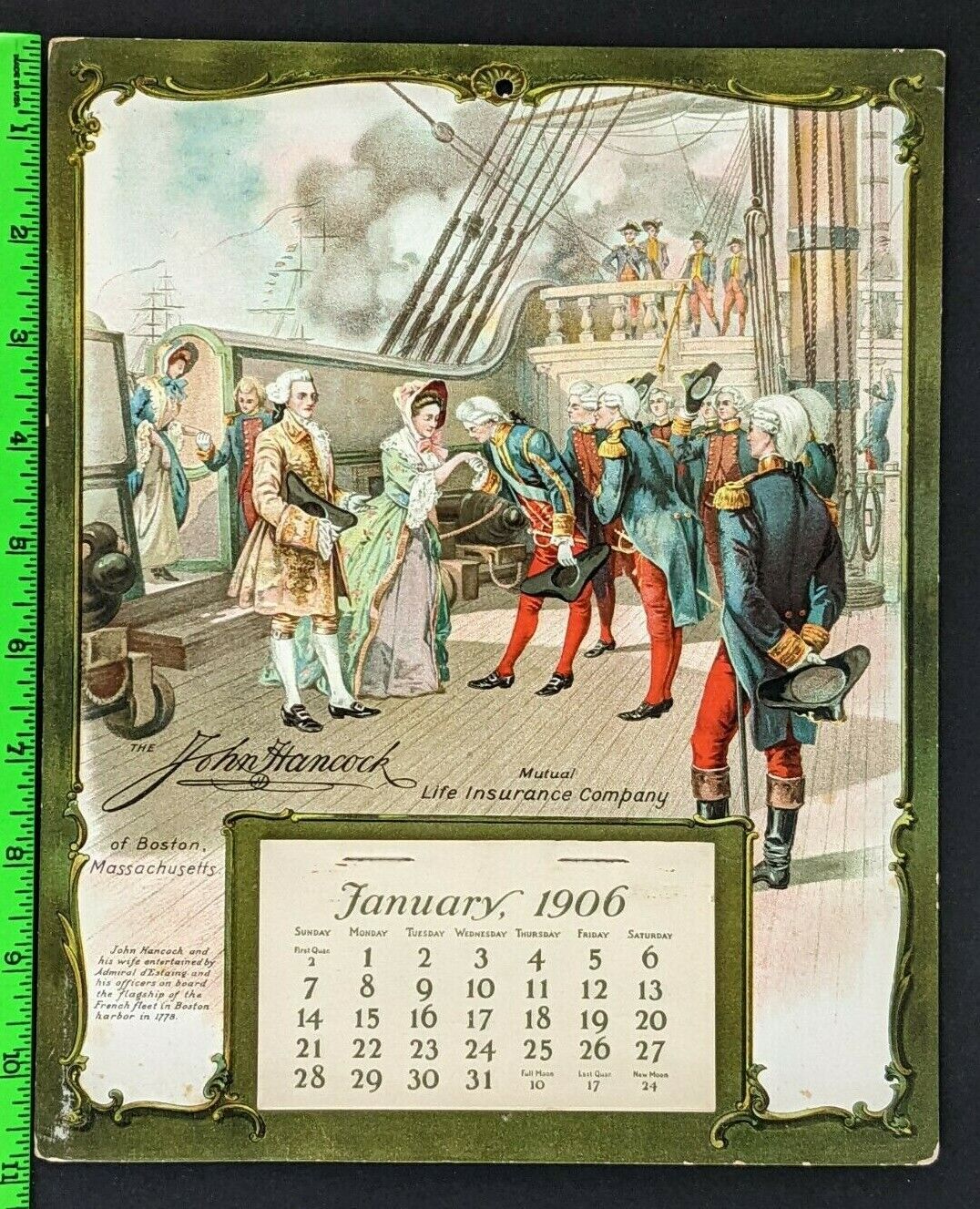 Vintage 1906 John Hancock Insurance Colonial Soldier Ship Complete Wall Calendar