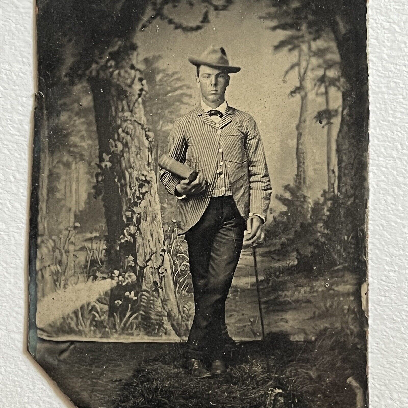Antique Tintype Photograph Dapper Cowboy Hat Young Man Cane Book