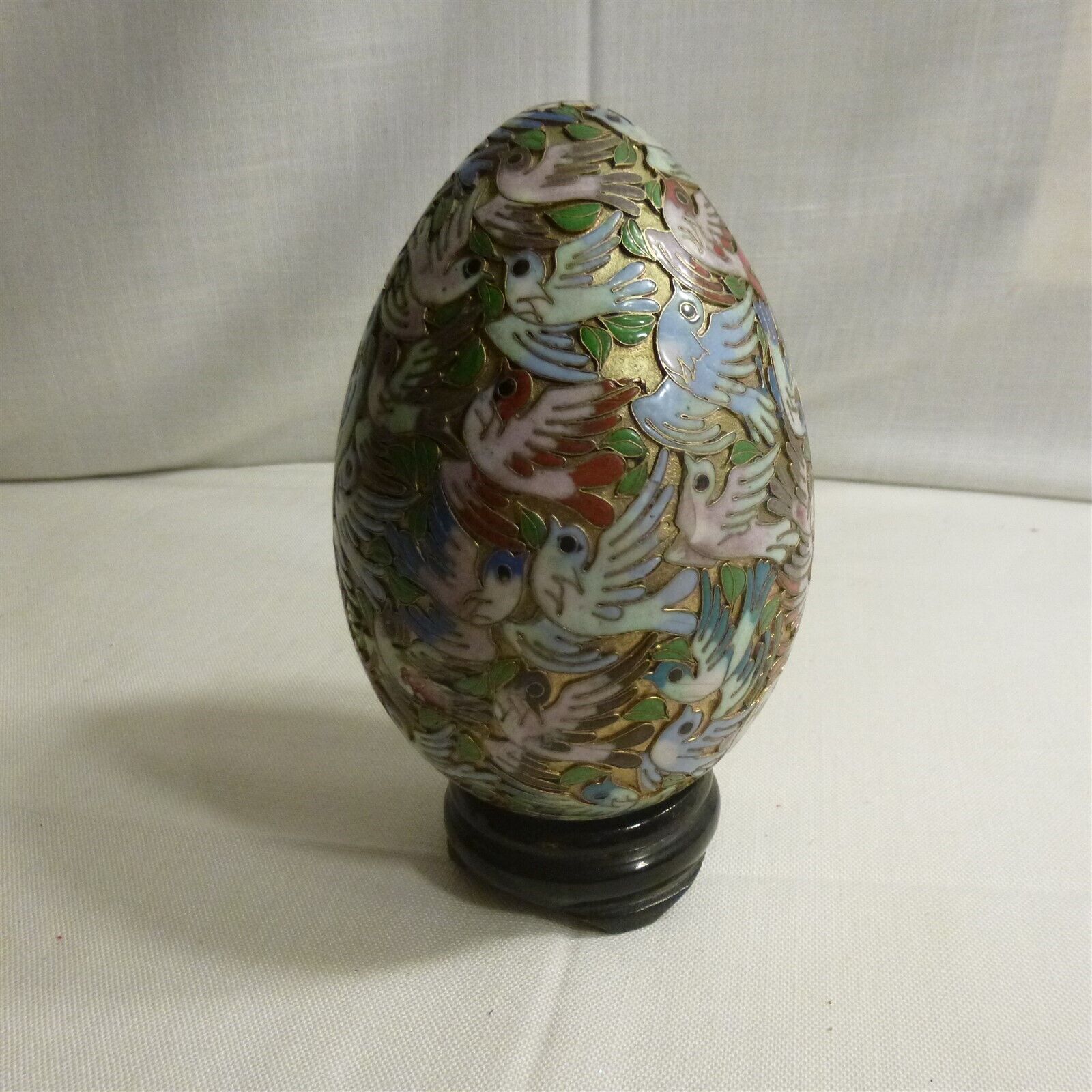Rare Vintage Cloisonné egg on a wooden stand - with multicolor birds - EUC