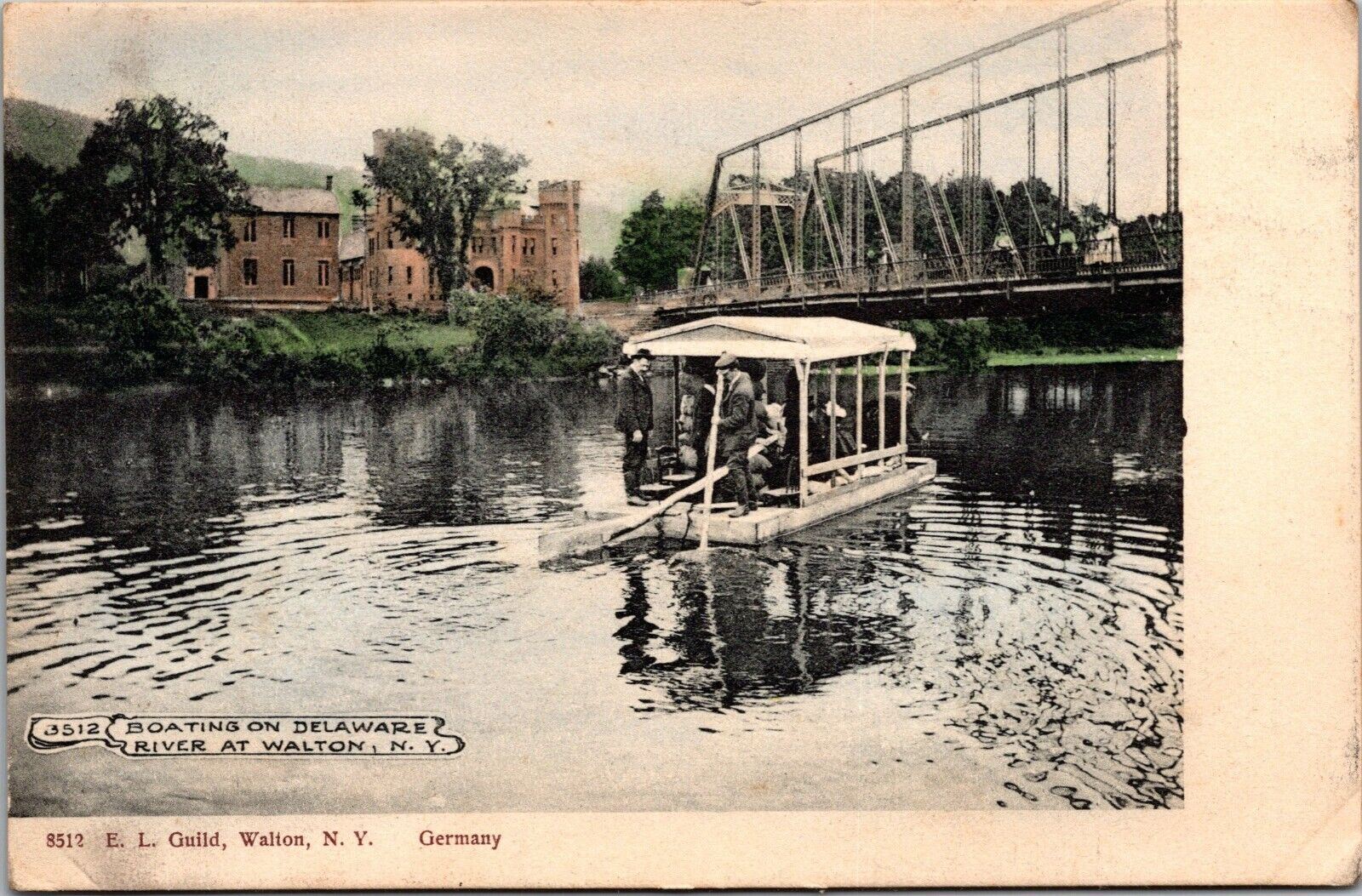 Postcard~Walton New York~Boating on the Delaware River~Bridge~PCK~c1906~Unposted