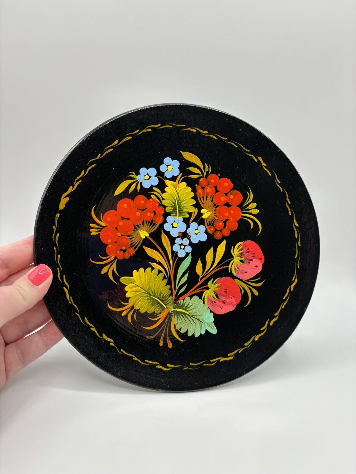Vintage Russian Folk Art Wooden Hand Painted Floral Wooden Plate