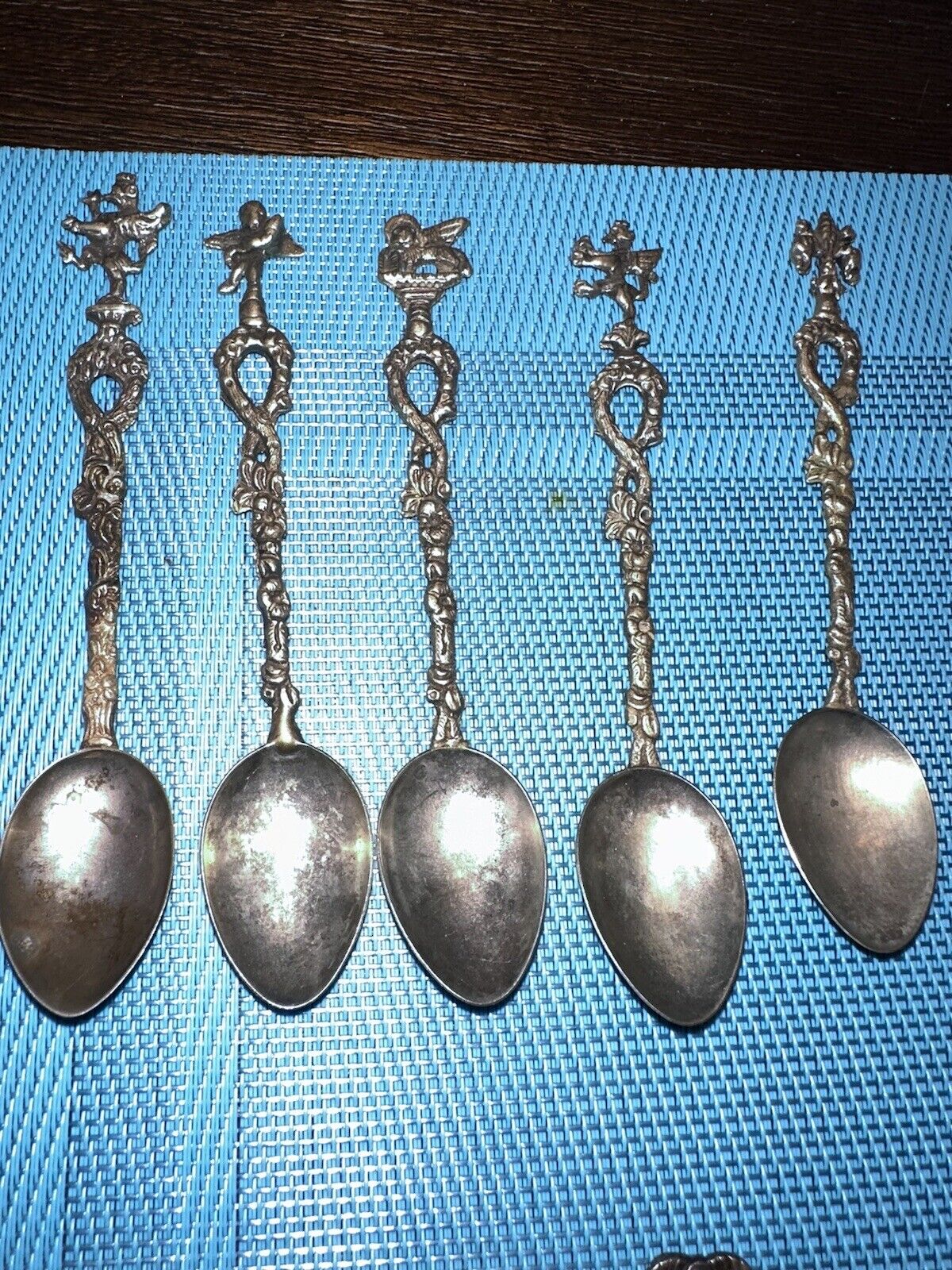 Lot Of 5 Vintage Ornate Italian Demitasse Spoons figural Italy silverplate??