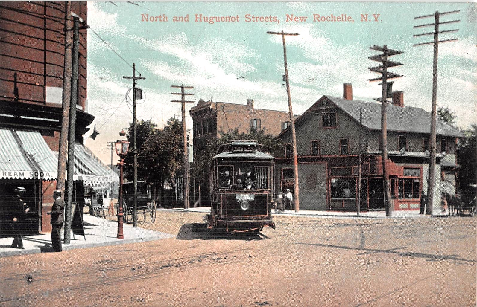 c.1910 Trolley North & Huguenot Sts. New Rochelle NY postcard Westchester county