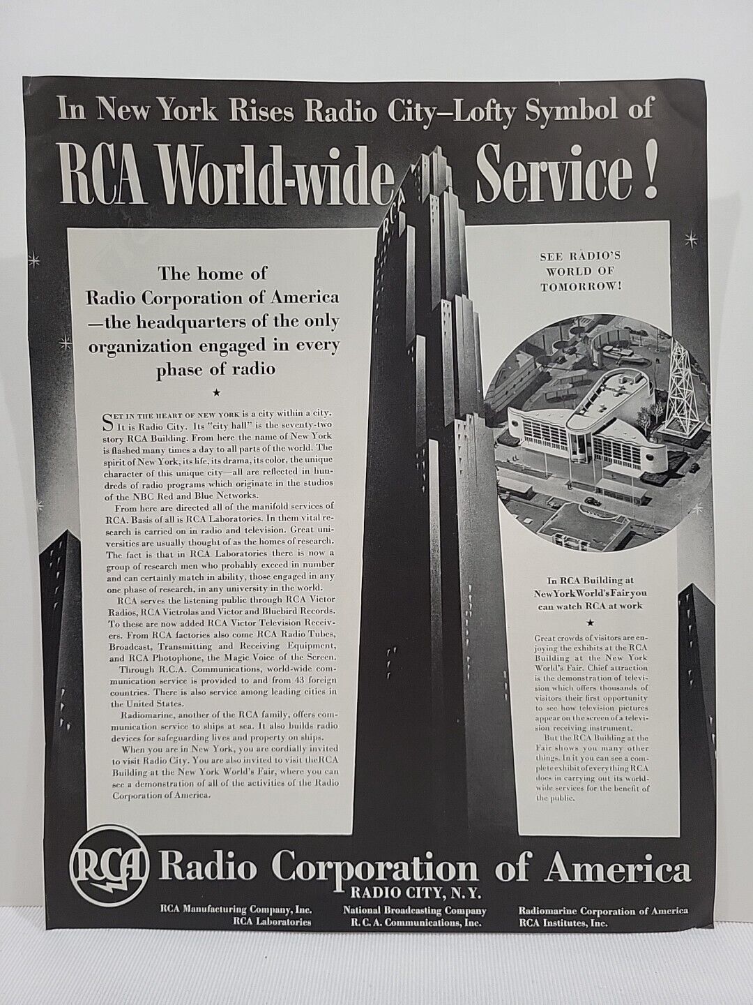 1939 RCA Radio Corporation of America Fortune Magazine Print Ad Skyscraper NYC