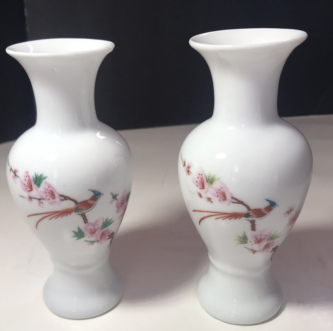 2 Vintage Pheasant Cherry Blossom Vase 6 “ Beautiful Pair