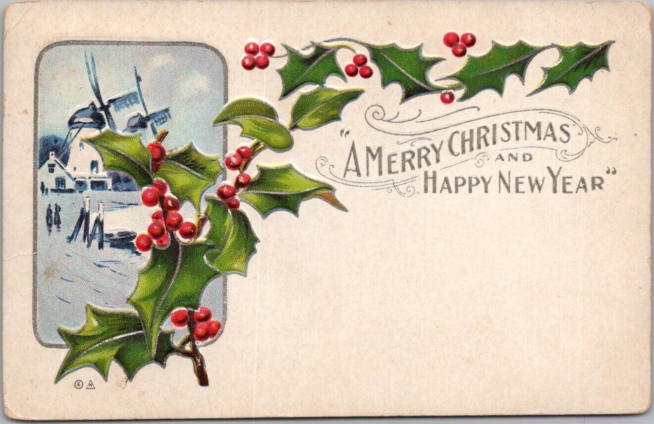 Vintage MERRY CHRISTMAS Embossed Postcard / Windmill Scene / Holly - 1910 Cancel