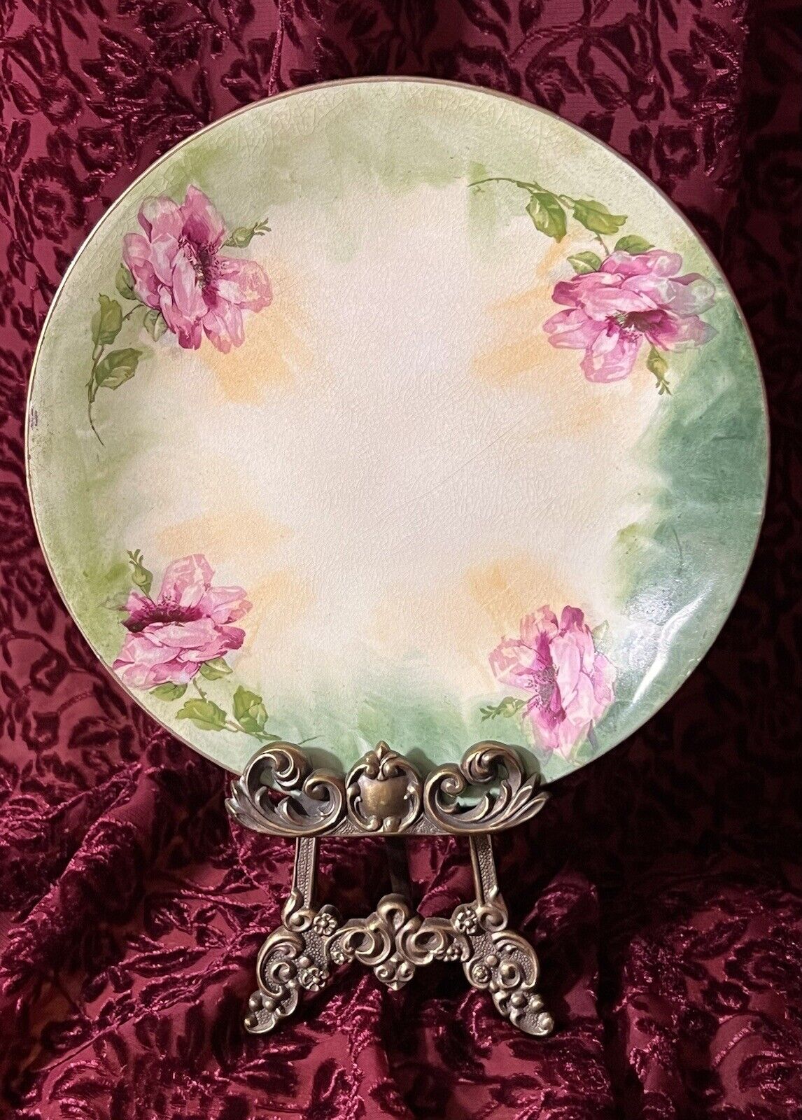Signed vtg. Italian Royal Art hand painted porcelain pink rose plate w gold edge