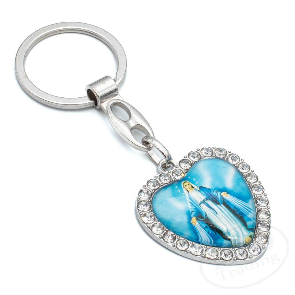 Miraculous Virgin Mary Keychain - Heart-Shaped Pendant with Inlaid Rhinestones