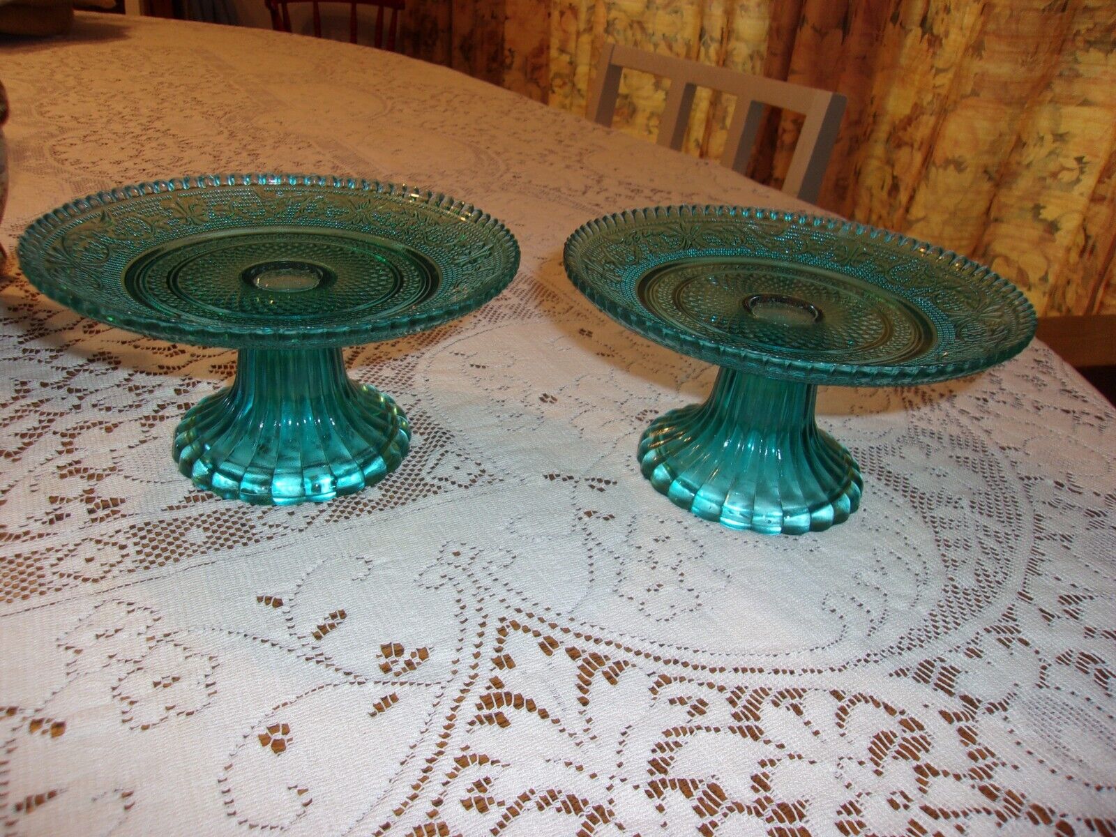 Pair of Turquoise Glass Pedestal Candle Holders