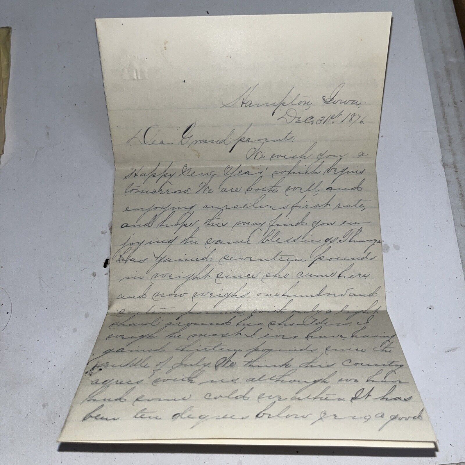 Antique 1876 New Year’s Eve Letter From Hampton Iowa IA Mentions Christmas