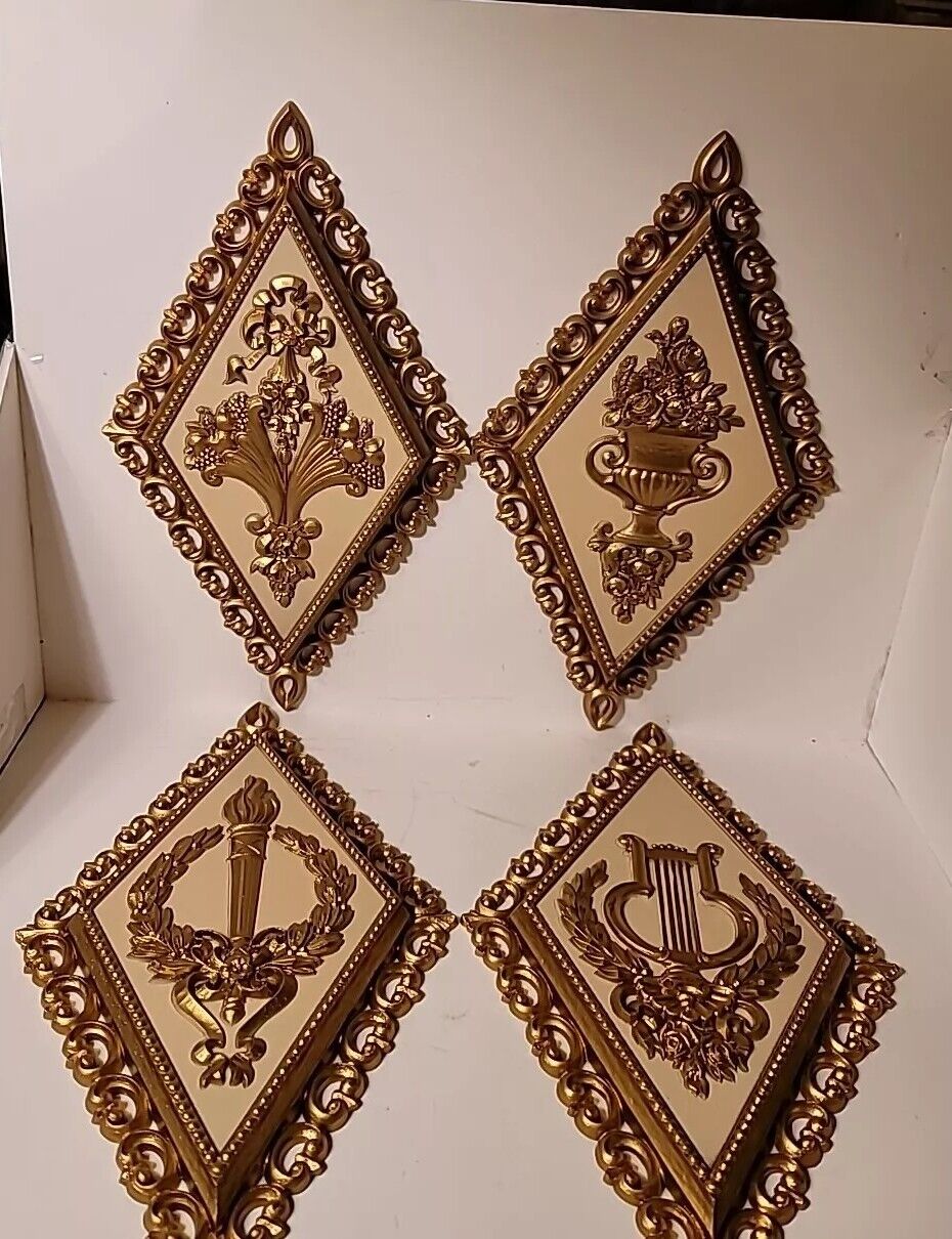 Vintage 4 Ornate Gold Wall Plaques Musical Instruments Floral USA 1971 Homco #2