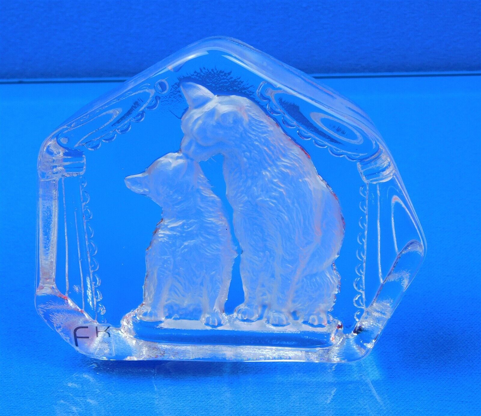 Vintage FK 24% Lead Crystal Paperweight Cat and Kitten Made In Germany 5 Inch