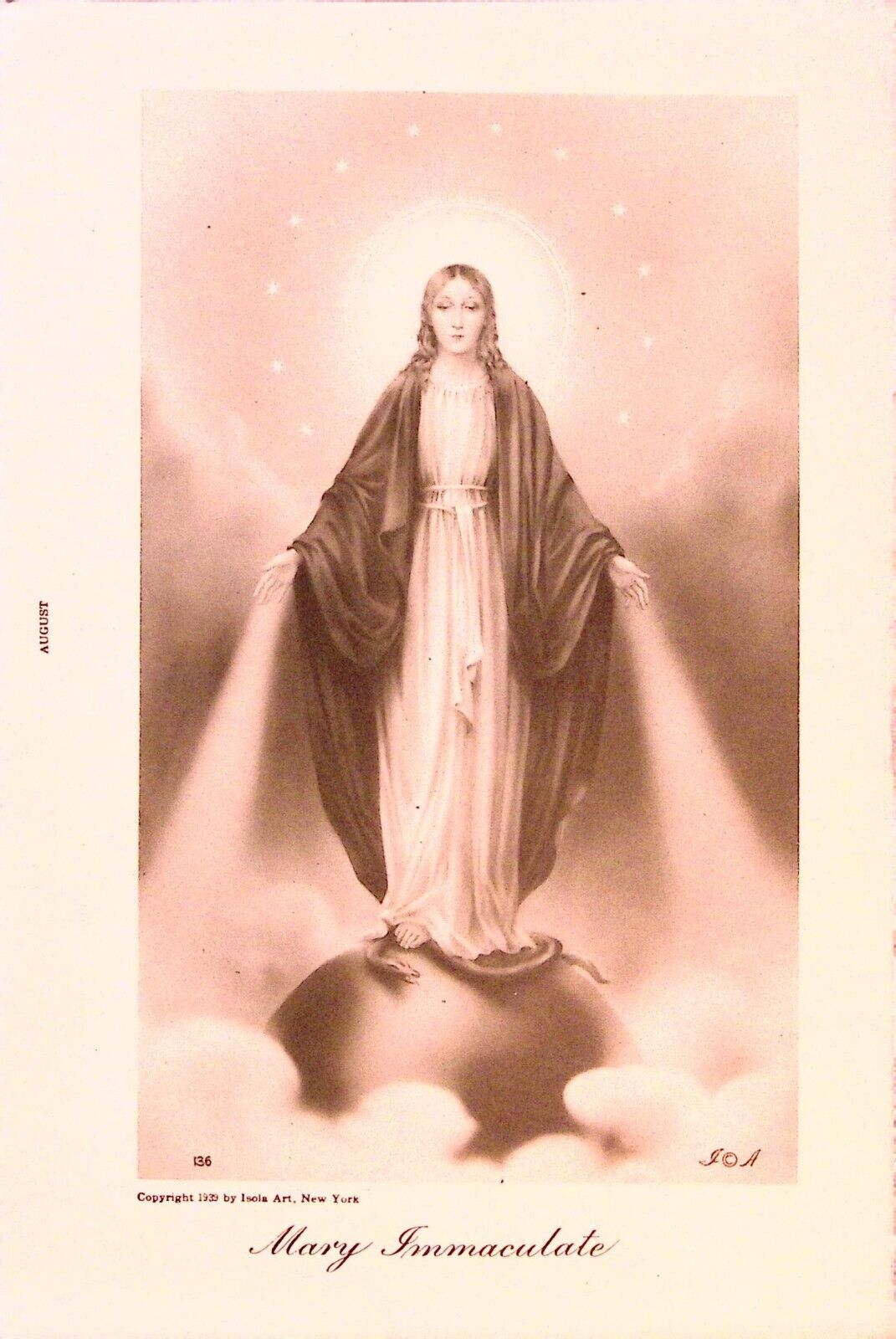 Mary Immaculate Religious Card Vintage 1939 Isola Art New York