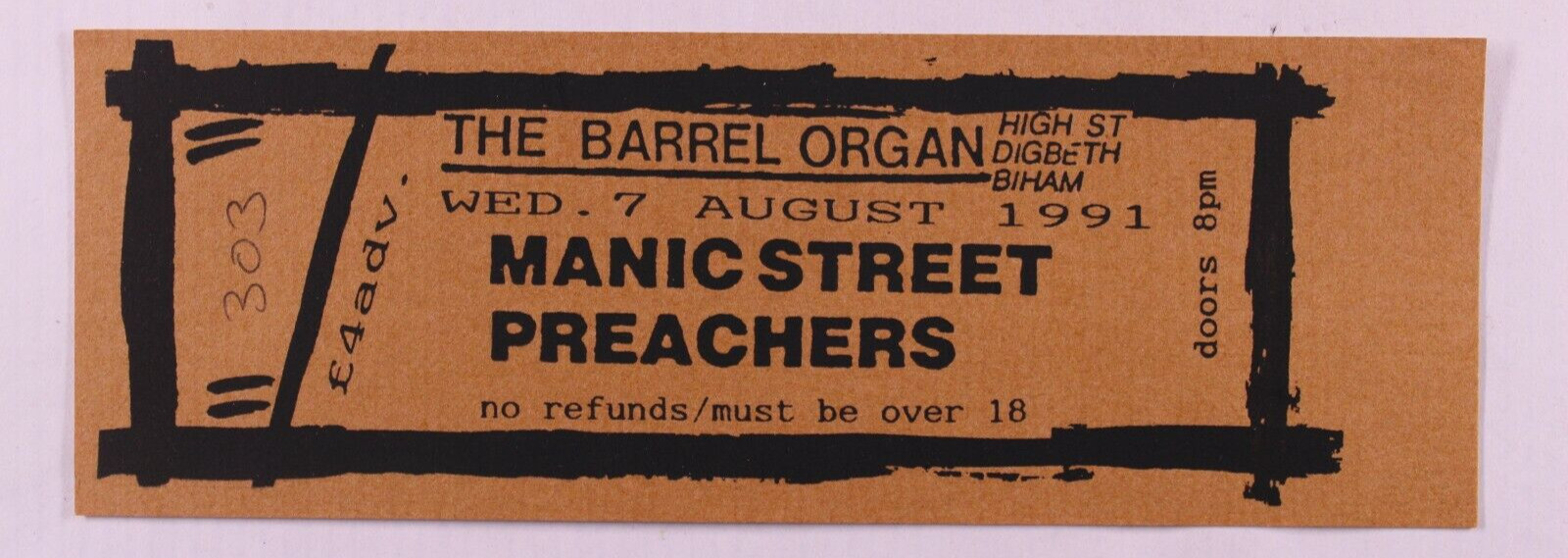 Manic Street Preachers Ticket Original Vintage The Barrel Organ Birmingham 1991