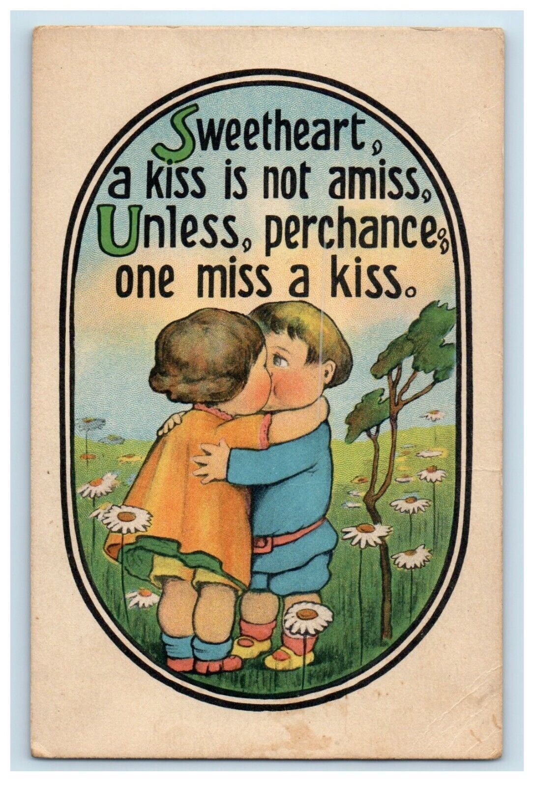 c1910\'s Valentine Sweet Couple Kissing Flowers And Trees Antique Postcard