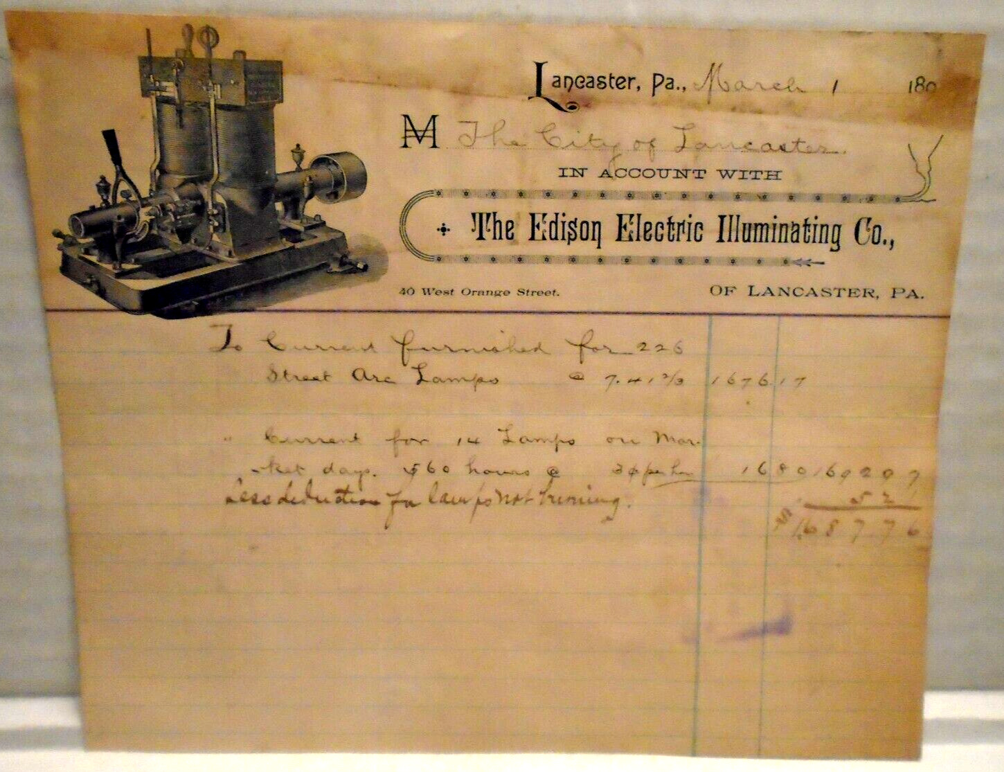 RARE 1895 EDISON ELECTRIC ILLUMINATING CO. BILL LANCASTER,PA. FOR 226 ARC LAMPS
