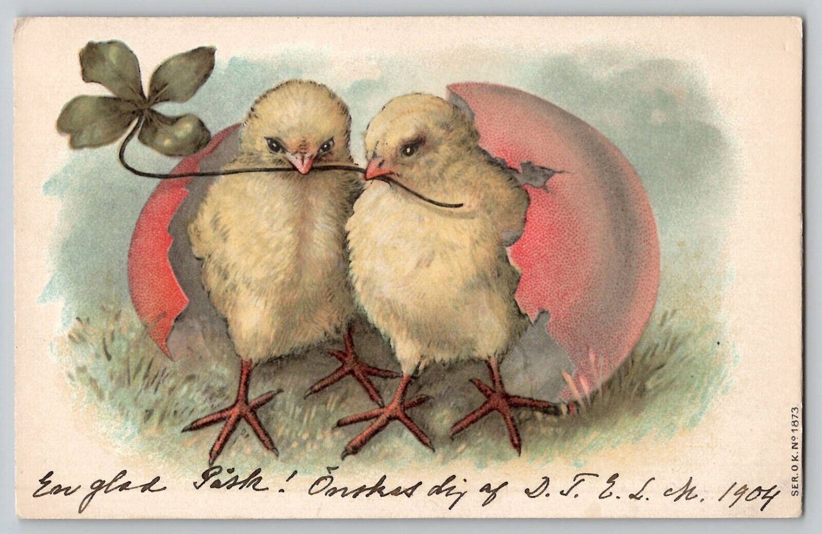 Easter Postcard Two Hatched Chicks Pink Egg Four Leaf Clover Vtg Antique 1900s