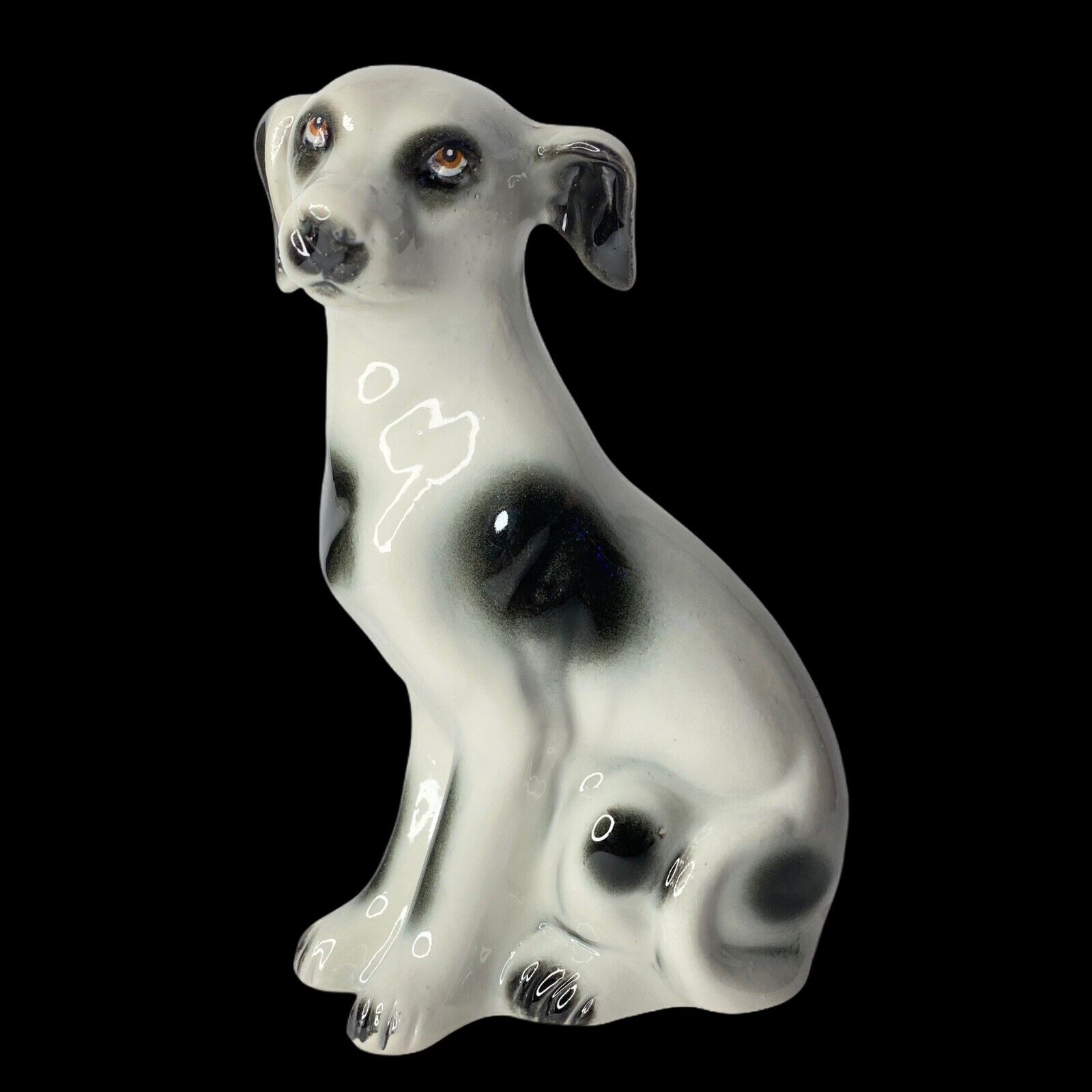 Vintage 1951 Spotted Dog Figurine 6.5” T White Black Brazil Doggy