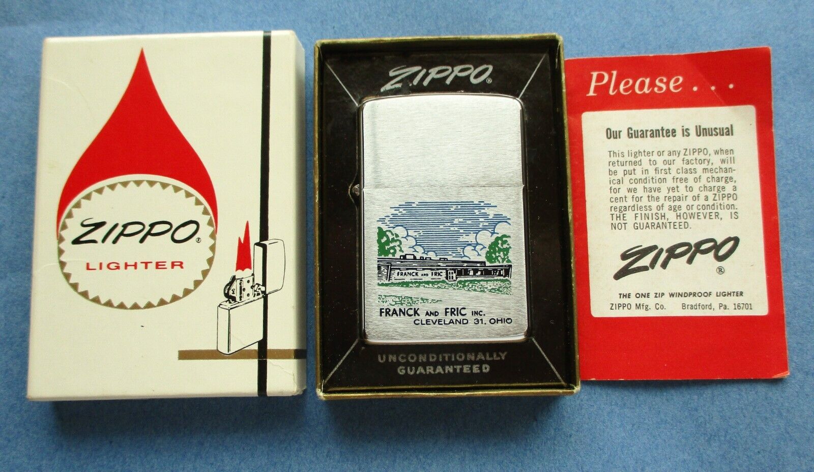 Vintage Zippo 1963 Lighter - FRANCK and FRIC  - Mint-In-Box with Guarantee Paper