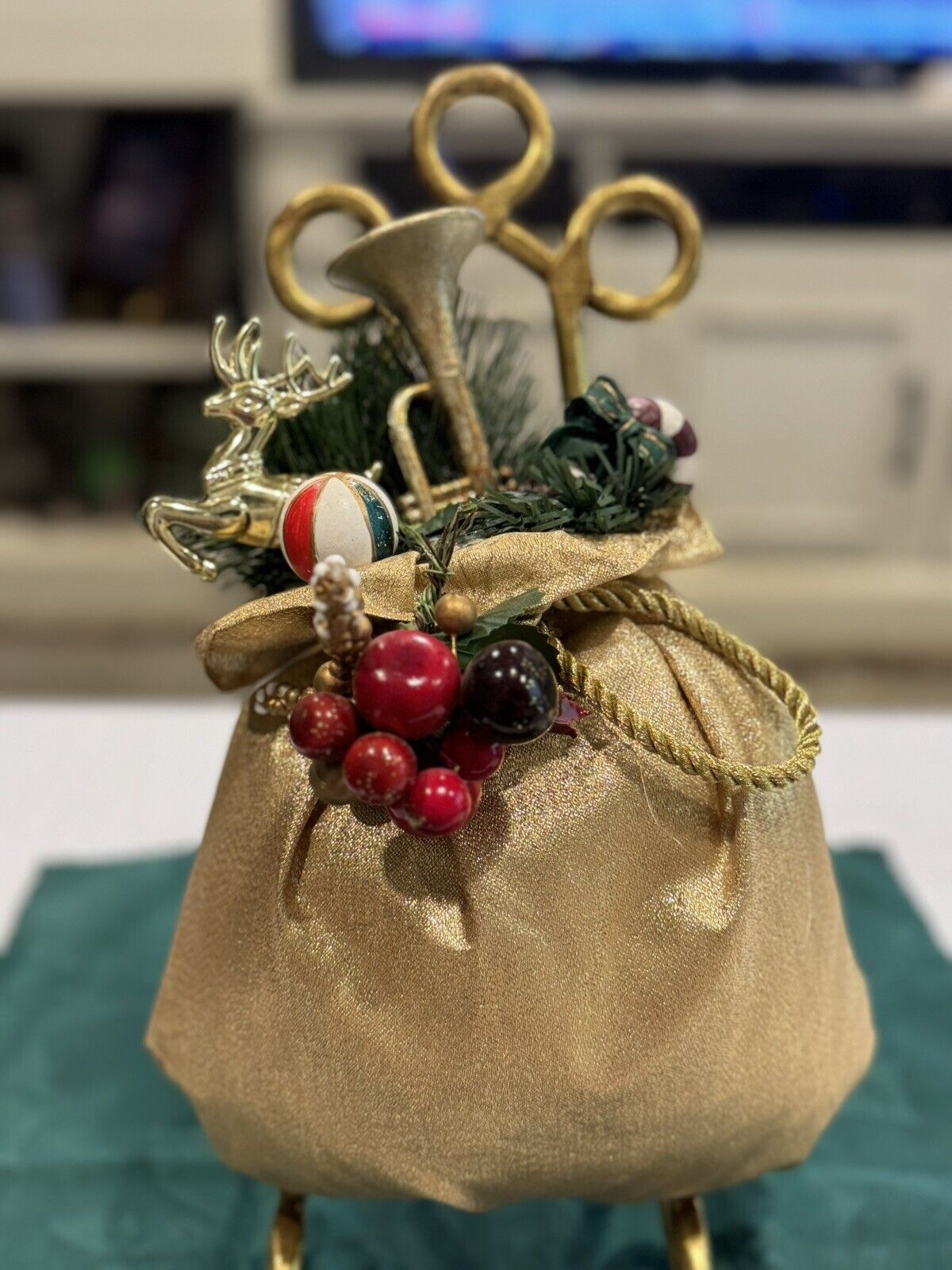 Vintage Christmas Bag-Shaped Decor W/ Rope Fruit Bugle Ball Candy Cane Reindeer