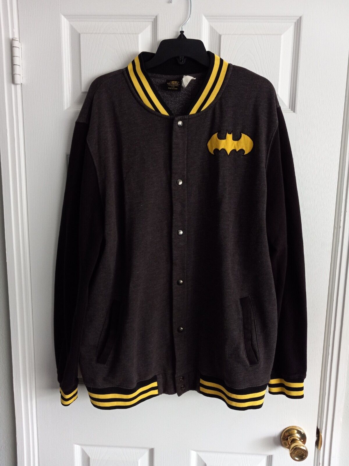 Vintage Batman Sweater Jacket Mens DC Comics 2XL Snap Embroidered Black/Gray/Ylw
