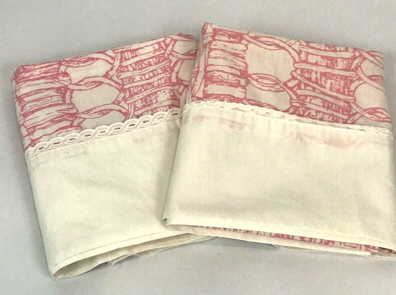 Vintage Pillowcases Pink Wicker Woven Lace Set 2 Cottage Springmaid 
