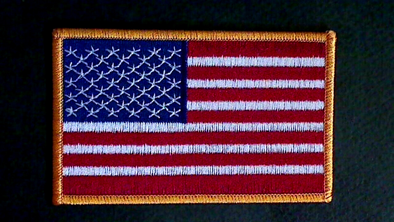 SPECIAL SALE - AMERICAN FLAG PATCH EMBROIDERID GOLD USA TRIM IRON ON - SEW 2.5X4