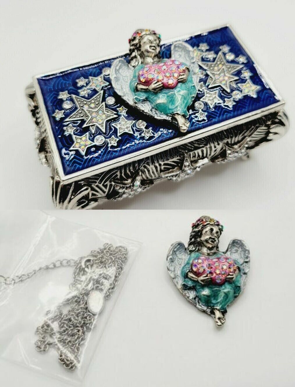 KIRKS FOLLY Angel Heart Trinket Box with Angel Necklace Pendant  SILVERTONE