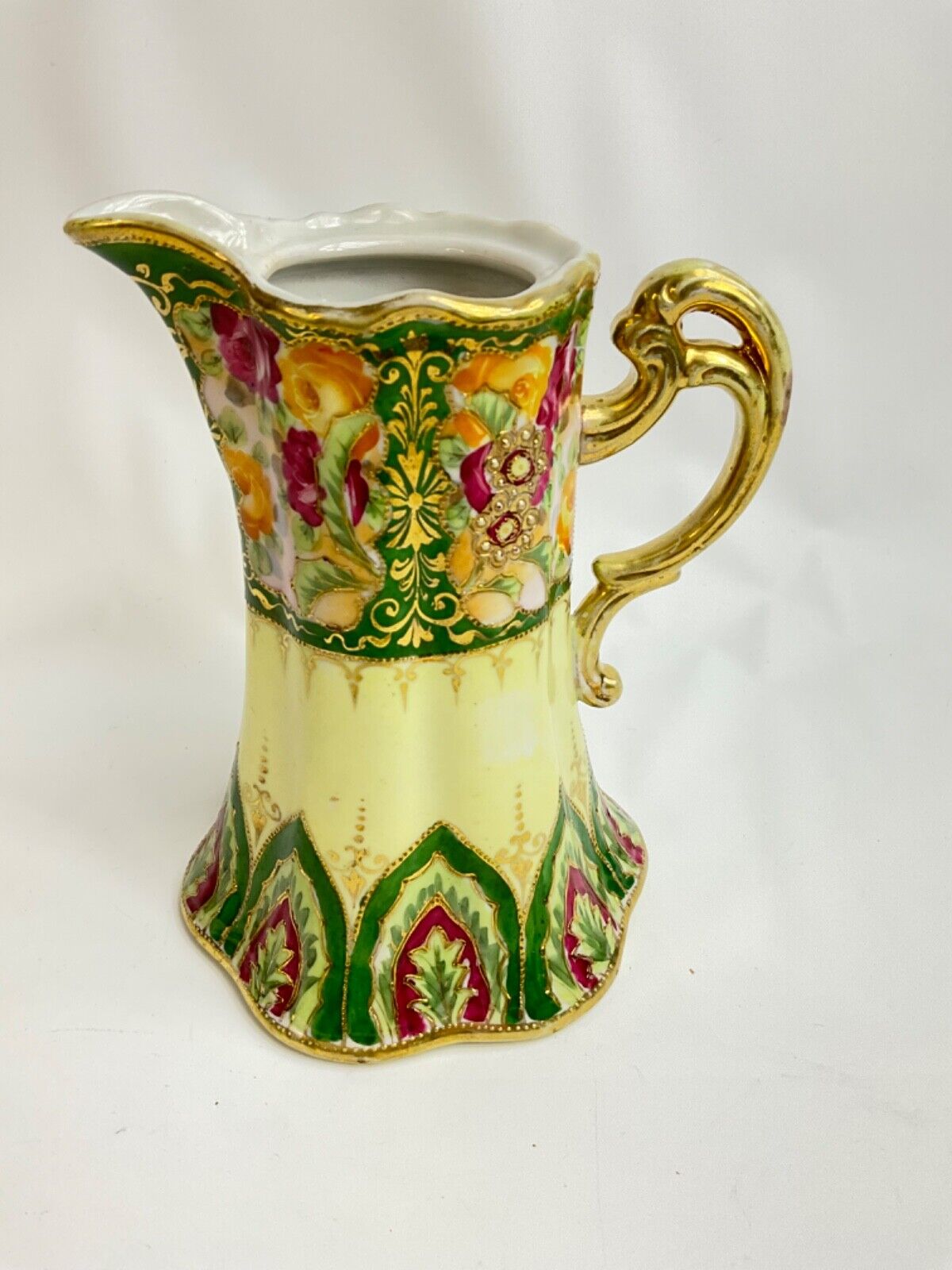 Antique Chocolate Pot Japanese Moriage Green Gold No Lid 7.25” Floral Pitcher