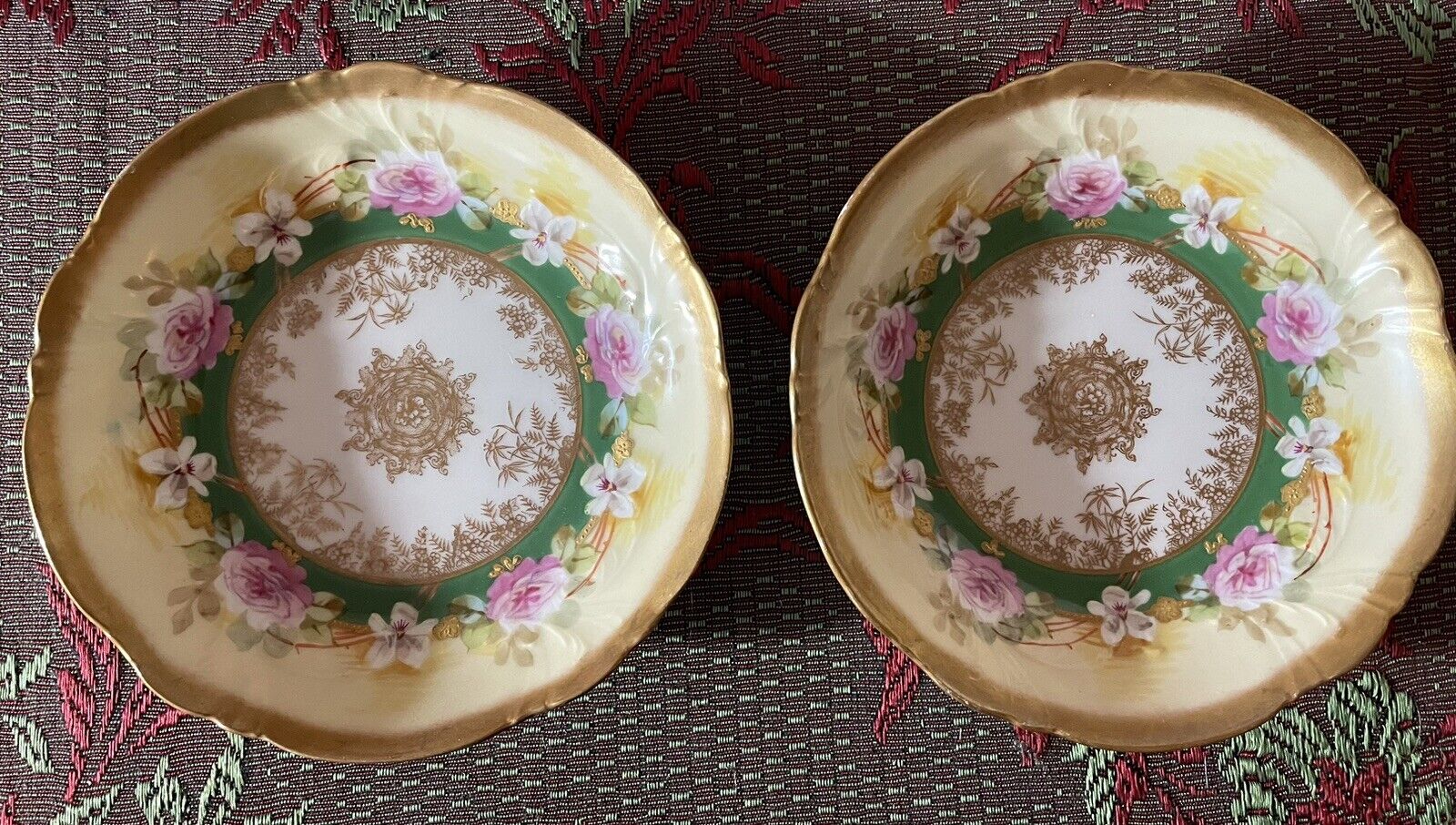 Pair LRI Limoges France Porcelaine Plates 2 Two 6” Dish Gold Trim Floral L.R.I.