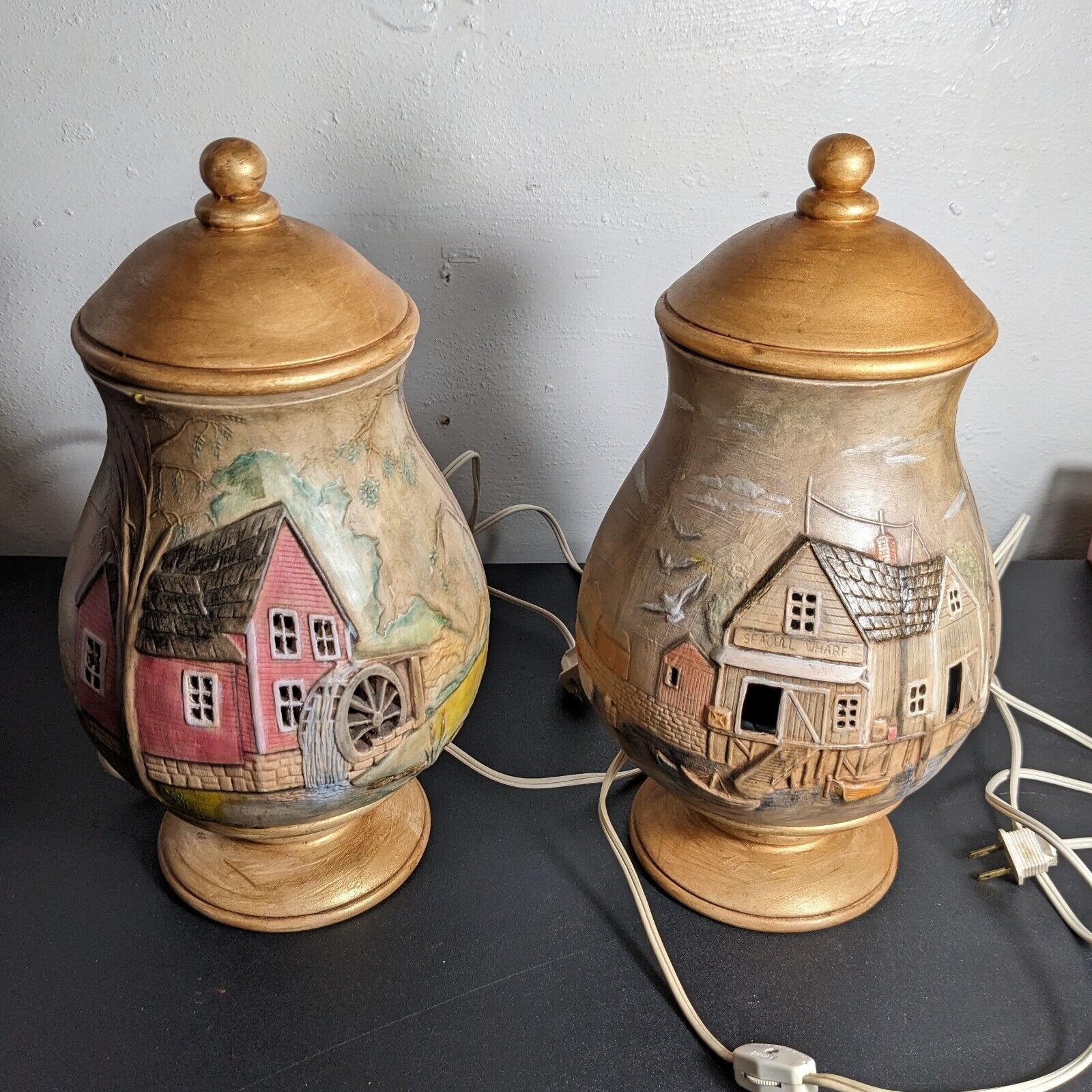 Pair Of Vintage 1980\'s Hand Painted Ceramic Lamps Ginger Jars Houses Signed KVG