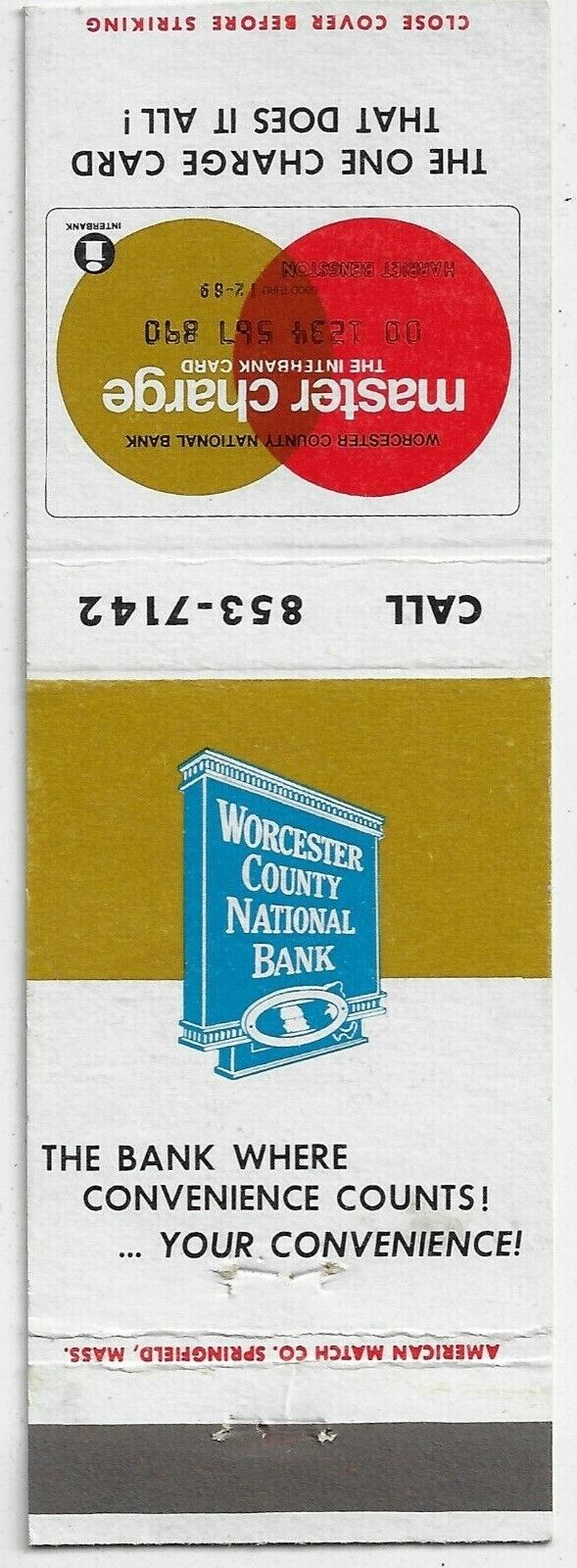 Worcester County National Bank Mass. Empty Matchcover
