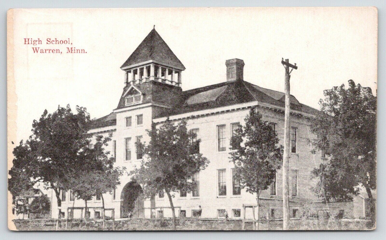 Warren Minnesota~High School~Braced Young Trees~c1910 B&W Postcard