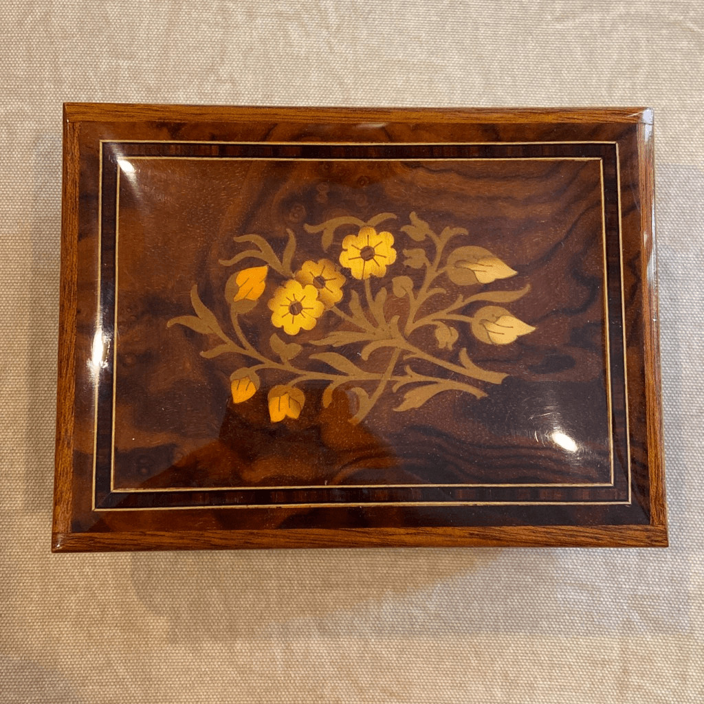 Vintage Italian Handcrafted Floral Inlay Wooden Music Jewelry Box Romeo & Juliet