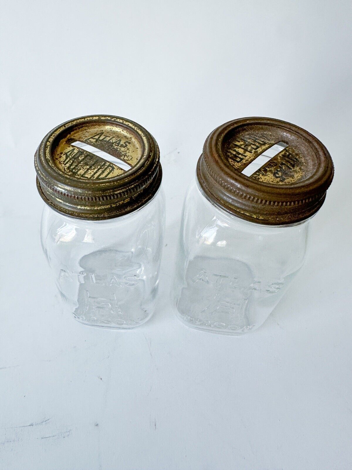 Vintage Mini Atlas Mason Canning Fruit Jar Bank, Lid, Ring Set Of 2