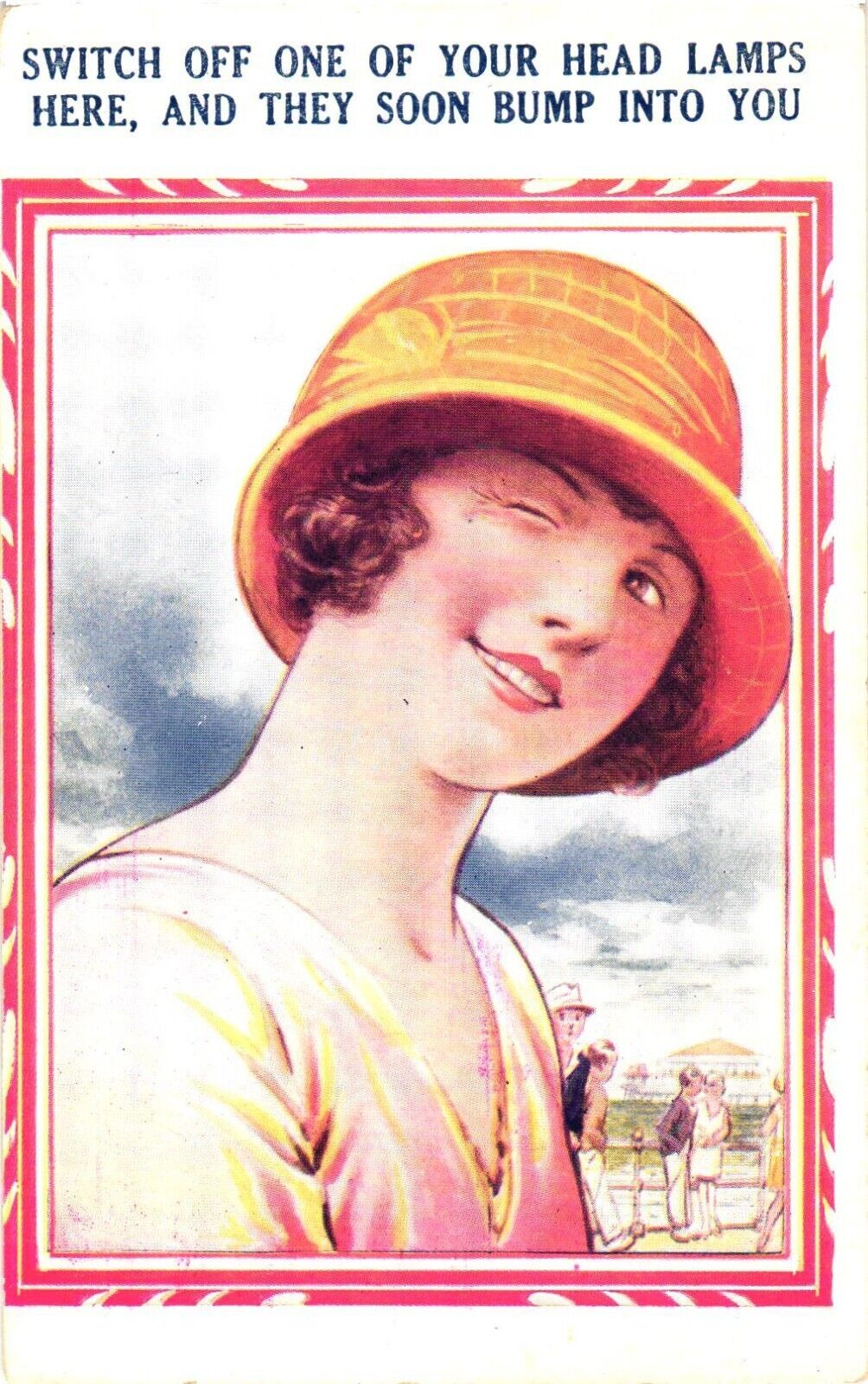 Beautiful Woman Winking, Switch Off One of Your Head Lamps Here Postcard