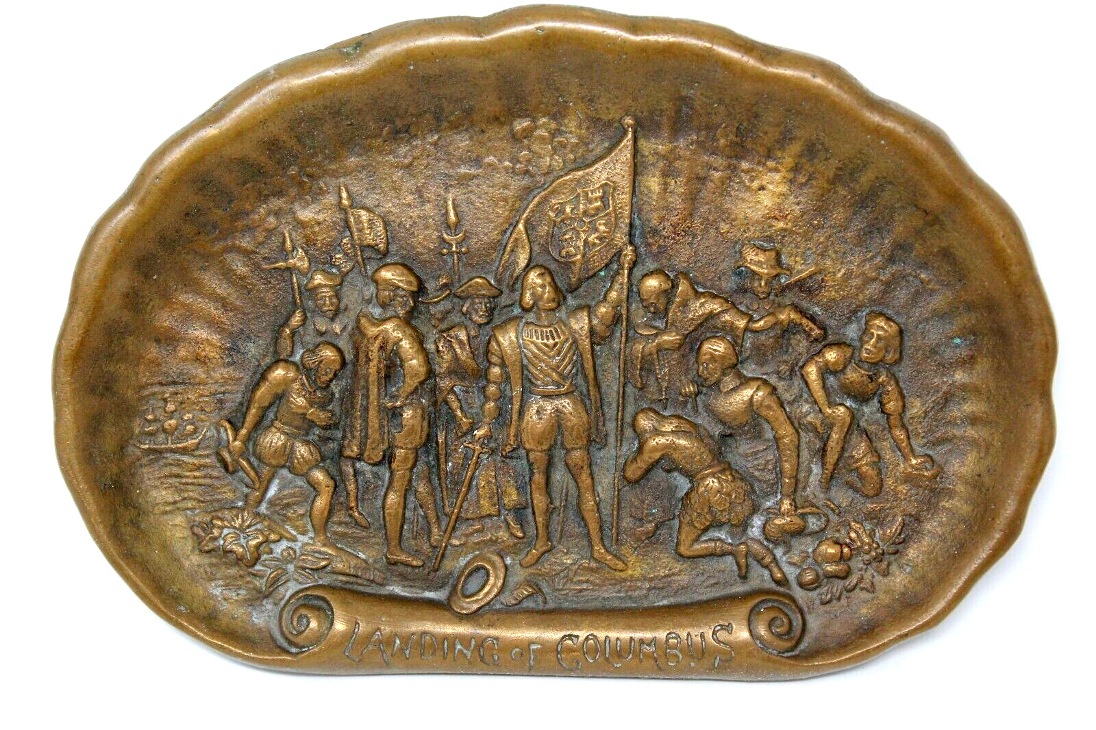 ANTIQUE SOLID BRASS LANDING OF COLUMBUS TRAY 1893 WORLD\'S COLUMBIAN EXPOSITION