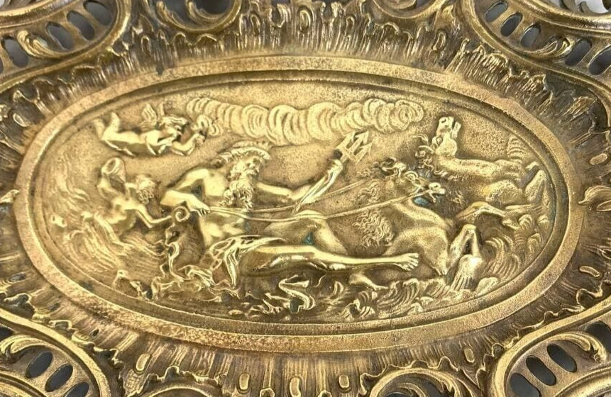 Antique Bronze Dish Plate Angels Artistic Trident Man Horses Decor Rare Old 20th